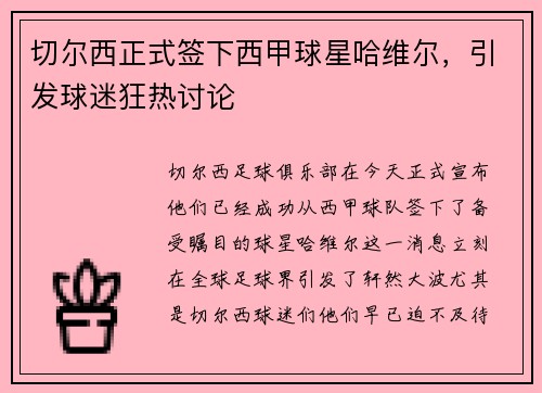 切尔西正式签下西甲球星哈维尔，引发球迷狂热讨论